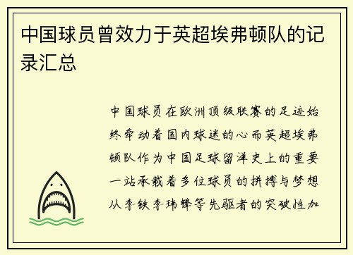 中国球员曾效力于英超埃弗顿队的记录汇总