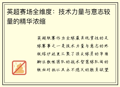 英超赛场全维度：技术力量与意志较量的精华浓缩