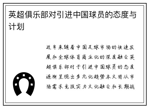 英超俱乐部对引进中国球员的态度与计划
